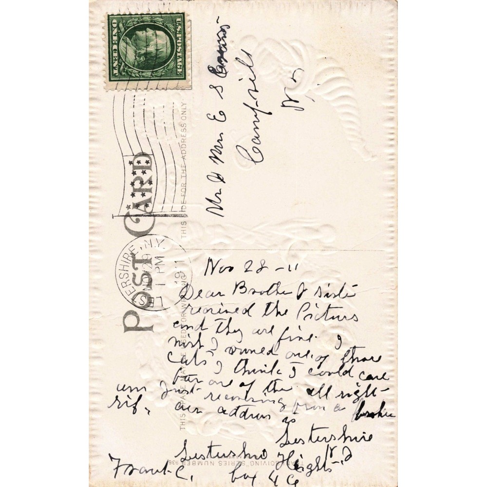 Antique 1911 Thanksgiving Greetings Embossed Postcard Turkey Cornucopia NY Stamp - Picture 2 of 2